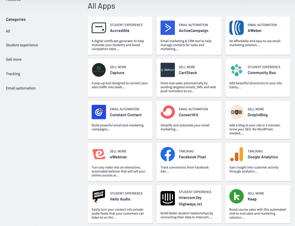 Screenshot of Thinkific App Store, categories include Student experience, sell more, tracking and email automation